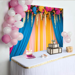 Lofaris Vibrant Floral Stage Backdrop, Pink Blue Yellow Curtains with Flower Header, Event Banner