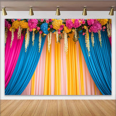 Lofaris Vibrant Floral Stage Backdrop, Pink Blue Yellow Curtains with Flower Header, Event Banner