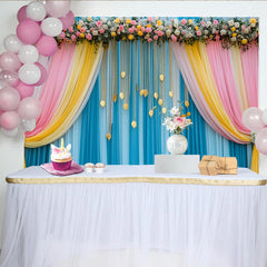 Lofaris Teal Blue Stage Backdrop, Pink Yellow Swag and Golden Leaf Strands, Wedding Party Banner