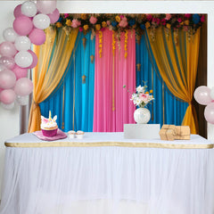 Lofaris Blue Pink Stage Backdrop, Yellow Swag Curtains and Golden Tassels, Floral Party Banner