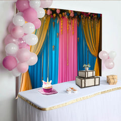 Lofaris Blue Pink Stage Backdrop, Yellow Swag Curtains and Golden Tassels, Floral Party Banner