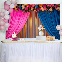 Lofaris Pink Blue Stage Backdrop, Golden Tinsel Strands and Flower Header, Celebration Party Banner