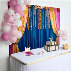 Lofaris Marigold Floral Stage Backdrop, Blue Curtains and Vibrant Hanging Flower Strings, Event Banner