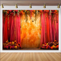 Lofaris Sunset Floral Stage Backdrop, Warm Orange Textured Wall and Hanging Garden Vines, Party Banner