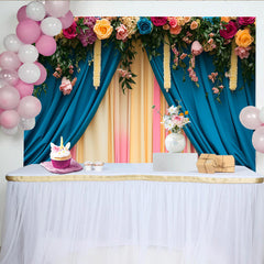 Lofaris Rose Header Stage Backdrop, Teal and Pastel Curtains with Floral Garlands, Wedding Party Banner