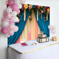 Lofaris Rose Header Stage Backdrop, Teal and Pastel Curtains with Floral Garlands, Wedding Party Banner