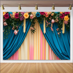Lofaris Rose Header Stage Backdrop, Teal and Pastel Curtains with Floral Garlands, Wedding Party Banner