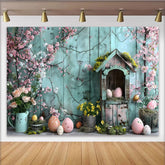 Lofaris Easter Spring Garden Backdrop, Blue Wood Wall and Pink Blossom Photography Background