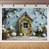 Lofaris Easter Garden Door Backdrop, Blue Textured Wall and Spring Eggs Photography Background