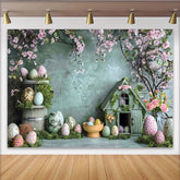 Lofaris Easter Blossom Birdhouse Backdrop, Teal Wall and Patterned Eggs Photography Background