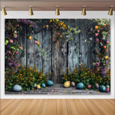 Lofaris Rustic Easter Wood Backdrop, Spring Floral and Colorful Eggs Photography Background
