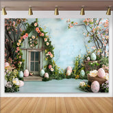 Lofaris Easter Rose House Backdrop, Blue Spring Garden and Patterned Eggs Photography Background