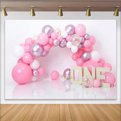 Lofaris Pink Balloon Arch First Birthday Cake Smash Backdrop, ONE Sign Girl Party Background for Photo Studio