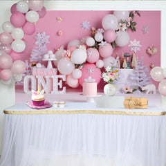 Lofaris Winter Pink Snowflake First Birthday Cake Smash Backdrop, White Trees ONE Sign Girl Party Background