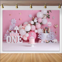 Lofaris Winter Pink Snowflake First Birthday Cake Smash Backdrop, White Trees ONE Sign Girl Party Background