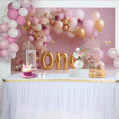 Lofaris Pink Gold Balloon First Birthday Cake Smash Backdrop, Floral Birdcage Butterfly ONE Girl Party Background