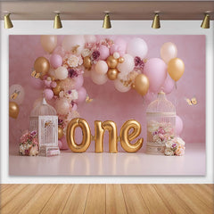 Lofaris Pink Gold Balloon First Birthday Cake Smash Backdrop, Floral Birdcage Butterfly ONE Girl Party Background