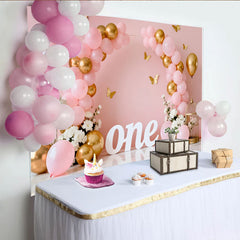 Lofaris Pink Gold Balloon First Birthday Cake Smash Backdrop, White ONE Sign Butterfly Floral Girl Party Background