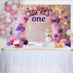 Lofaris Purple Pink Balloon First Birthday Cake Smash Backdrop, Floral ONE Sign Rocking Horse Girl Party Background