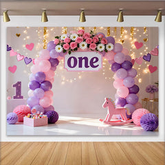 Lofaris Purple Pink Balloon First Birthday Cake Smash Backdrop, Floral ONE Sign Rocking Horse Girl Party Background