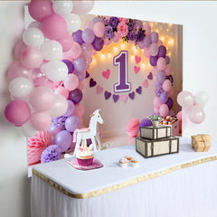 Lofaris Purple Pink Balloon First Birthday Cake Smash Backdrop, Floral 1 Sign Heart Banner Girl Party Background