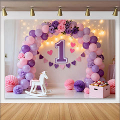 Lofaris Purple Pink Balloon First Birthday Cake Smash Backdrop, Floral 1 Sign Heart Banner Girl Party Background