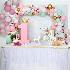 Lofaris Pastel Green Balloon First Birthday Backdrop, Gold Crown Pink 1 Sign Girl Party Background