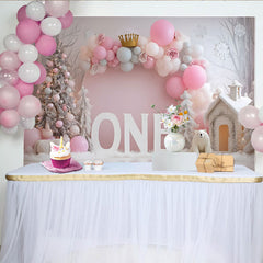 Lofaris Winter Pink Balloon First Birthday Backdrop, Gold Crown ONE Sign Snowy Tree Girl Background
