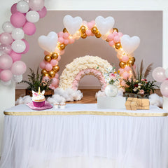 Lofaris Pink and Gold Balloon Arch Rainbow Backdrop, Heart Clouds Wood Floor Photography Background for Birthday