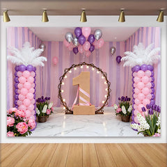 Lofaris Purple Pink Floral First Birthday Backdrop, Lighted Hoop Number One Photography Background for Cake Smash