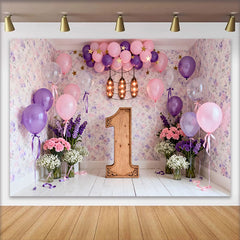 Lofaris Pink Purple Balloon First Birthday Backdrop, Floral Wallpaper Wooden Number One Photography Background