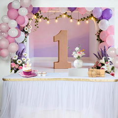Lofaris Pink Purple Floral Balloon Arch Backdrop, First Birthday Wooden Number One Photography Background for Girl