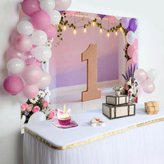Lofaris Pink Purple Floral Balloon Arch Backdrop, First Birthday Wooden Number One Photography Background for Girl