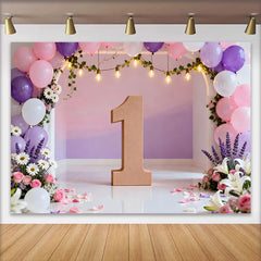 Lofaris Pink Purple Floral Balloon Arch Backdrop, First Birthday Wooden Number One Photography Background for Girl