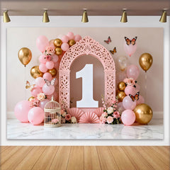 Lofaris Pink Floral Balloon Arch First Birthday Backdrop, White Number One Butterfly Photography Background for Girl