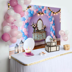 Lofaris Lavender Birthday Cake Smash Backdrop, Pink and Blue Balloon Arch with Fairy Lights and Vanity Mirror