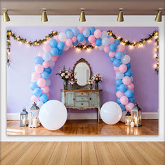 Lofaris Lavender Birthday Cake Smash Backdrop, Pink and Blue Balloon Arch with Fairy Lights and Vanity Mirror