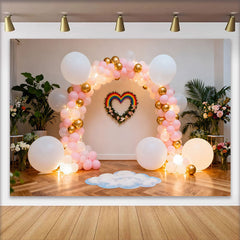 Lofaris Rainbow Heart Birthday Cake Smash Backdrop, Pink and Gold Balloon Arch with Cloud and Rainbow Decoration