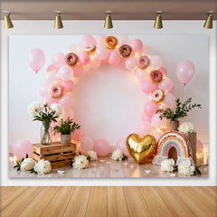 Lofaris Sweet One Donut Birthday Cake Smash Backdrop, Pink Balloon Arch and Rainbow for Girl 1st Birthday Party