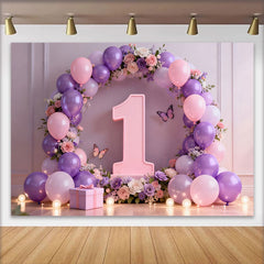 Lofaris Purple Butterfly 1st Birthday Cake Smash Backdrop, Floral Number One and Pink Balloon Arch Background