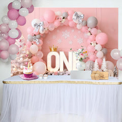 Lofaris Pink Winter ONEderland Birthday Cake Smash Backdrop, Silver Bows and Balloon Arch with Snowflake Decor
