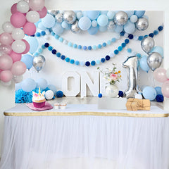 Lofaris Blue and Silver Balloon Birthday Cake Smash Backdrop, ONE Sign and Pom Pom Garland Background