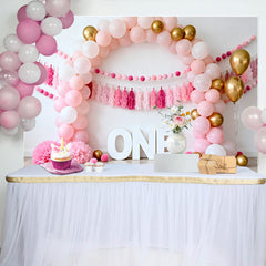 Lofaris Pink and Gold Balloon Arch Birthday Cake Smash Backdrop, ONE Sign and Tassel Garland Background