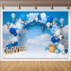 Lofaris Hot Air Balloon Theme Cake Smash Backdrop, LOVE Marquee Sign and Blue Sky Clouds Background