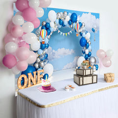 Lofaris Blue Sky Hot Air Balloon Birthday Cake Smash Backdrop, ONE Marquee Sign and Clouds Background