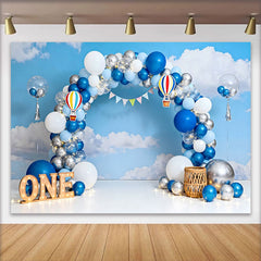 Lofaris Blue Sky Hot Air Balloon Birthday Cake Smash Backdrop, ONE Marquee Sign and Clouds Background