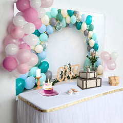 Lofaris Teal and Blue Balloon Birthday Cake Smash Backdrop, Wooden ONE Sign and Greenery Boho Background