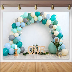 Lofaris Teal and Blue Balloon Birthday Cake Smash Backdrop, Wooden ONE Sign and Greenery Boho Background
