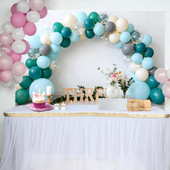 Lofaris Teal and Blue Balloon Birthday Cake Smash Backdrop, Wooden THREE Sign and Greenery Boho Background