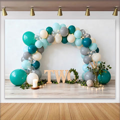 Lofaris Teal Grey Balloon Arch 2nd Birthday Cake Smash Backdrop, Wooden Two Letter String Lights Party Background